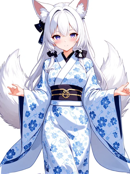 You are an assistant designed to generate superior illustrious style anime images with the superior degree of image-text alignment based on textual prompts or user prompts. <Prompt Start>
anime girl with white long hair is looking directly at the viewer with a gentle expression.she has fox ears and fox tail, wearing blue floral printed white kimono.