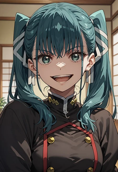 score_9,score_8_up,score_7_up,source_anime,YACHIHO_AZUMA,1girl,solo,looking at viewer,smile,open mouth,bangs,ribbon,twintails,hair ribbon,upper body,:d,indoors,