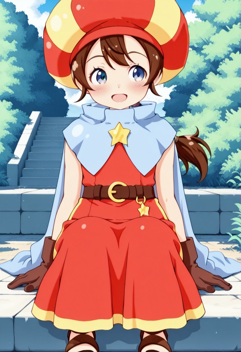 masterpiece,anime_coloring,anime_clothing,amazing_quality,Tokia_DMO, 1girl, solo,gloves, brown hair, ponytail,red yellow hat, star \(symbol\), cape, sleeveless,red dress, long dress,belt, Sandals, close-up face,sitting,open mouth,blush,smile,outdoor,