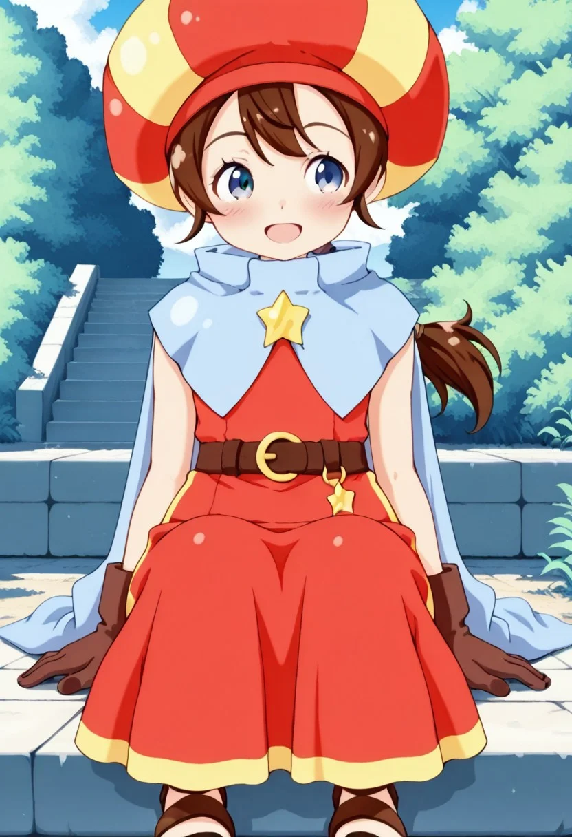 masterpiece,anime_coloring,anime_clothing,amazing_quality,Tokia_DMO, 1girl, solo,gloves, brown hair, ponytail,red yellow hat, star \(symbol\), cape, sleeveless,red dress, long dress,belt, Sandals, close-up face,sitting,open mouth,blush,smile,outdoor,