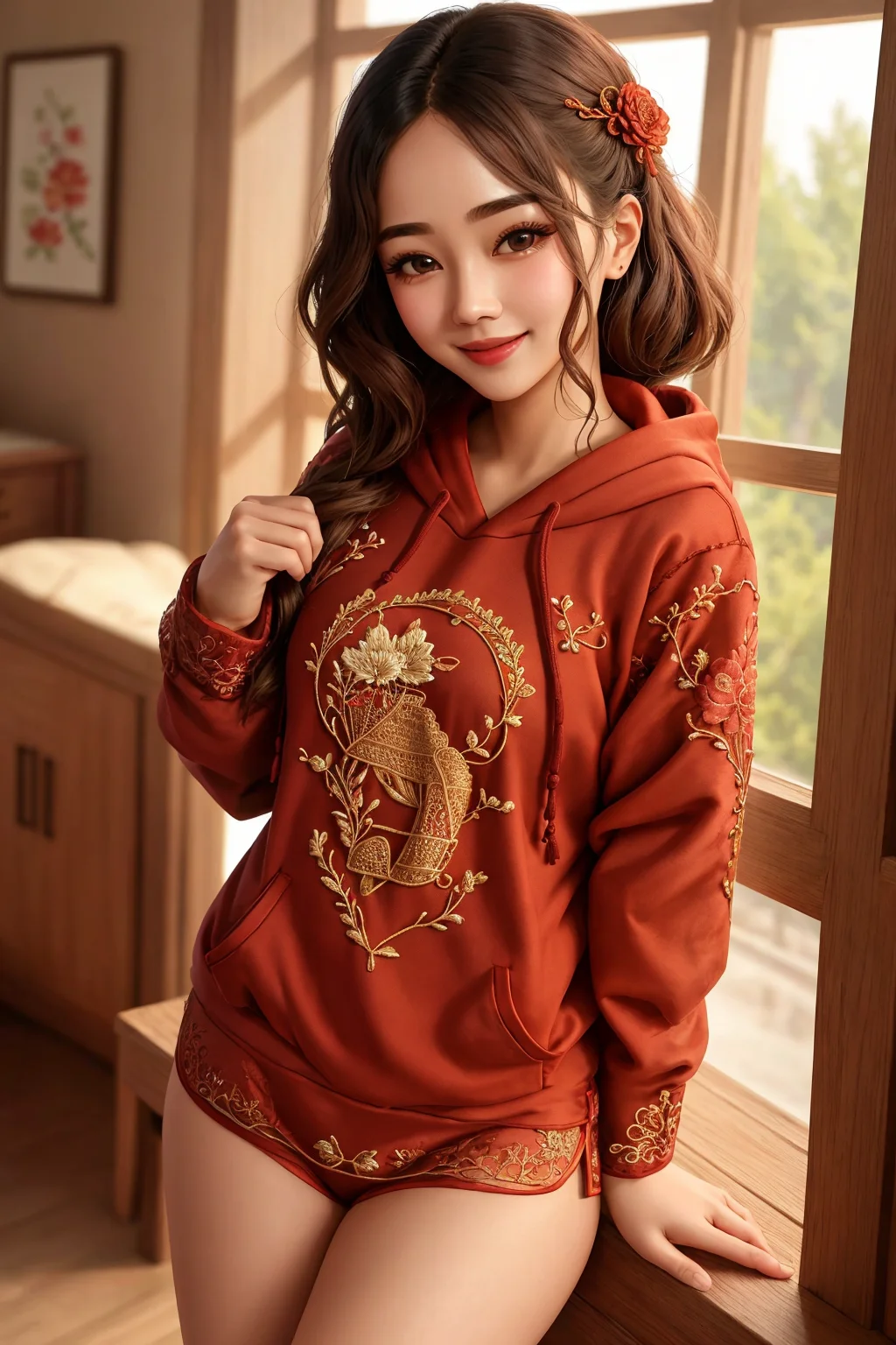 Masterpiece, absurdres, fine detail, HDR,
(dudou,dudou_embroidery:1.25),  woman wearing the [dudou|hoodie]
hoodie, a womanposing for a picture, smiling ,  chinese style
 <lora:DudouHoodies:0.78>