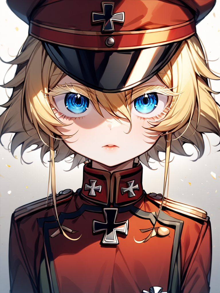 masterpiece,high resolution,
TanyaDegurechaff,tunic,  1girl, solo, looking at viewer, short hair, blue eyes, manga eyes, blonde hair, hat, hair between eyes, uniform, military, eyelashes, military uniform, cross, peaked cap, military hat, colored eyelashes, iron cross,
 <lora:tanya_XL:0.6>