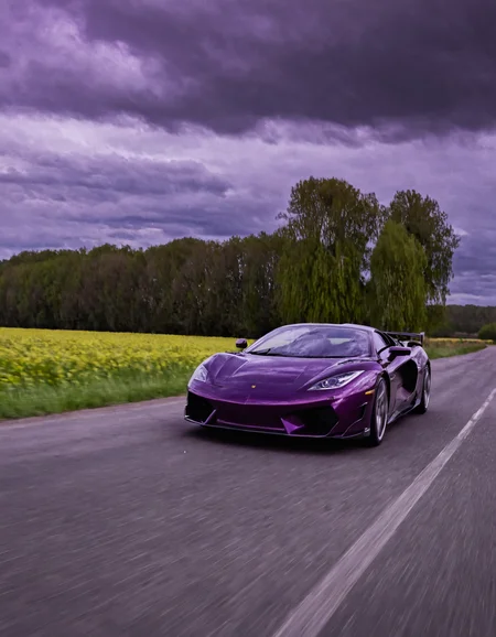 <lora:R0k00M0t0rV3h1c13HD:1>,r0k00m0t0rv3h1c13hd,r0k00bstr0cthd,car,super car,sports car,, a purple sports car driving down a road next to a field and trees in the background with a cloudy sky [2]