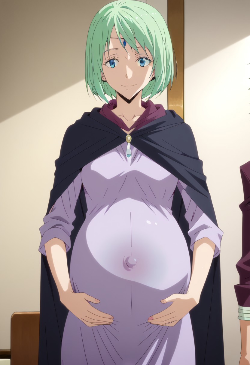 score_9, score_8, score_7,
bedroom,  
happy, smile, hands on belly,
(large pregnant belly:1.2), (round belly:1.2), (pregnant bump:1.2) 
slimes_mjur, mjurran,green hair,short hair,shiny hair,circlet,
purple dress, cloak,robe,
(covered belly:1.5), (pregnancy clothes:1.5)
(cowboy shoot:2.5),
<lora:Slime:1>