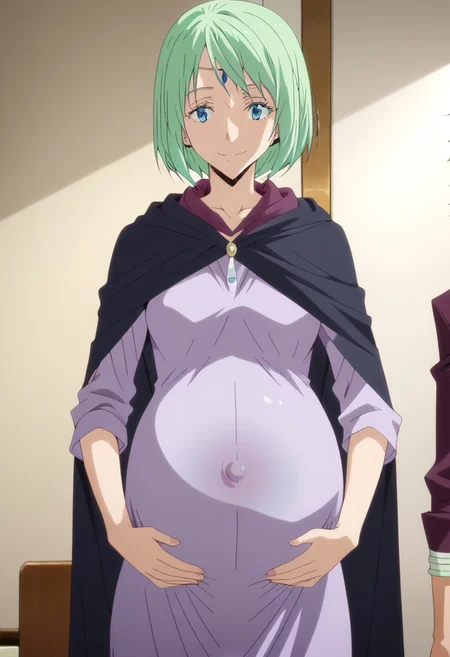 score_9, score_8, score_7,
bedroom,
happy, smile, hands on belly,
(large pregnant belly:1.2), (round belly:1.2), (pregnant bump:1.2)
slimes_mjur, mjurran,green hair,short hair,shiny hair,circlet,
purple dress, cloak,robe,
(covered belly:1.5), (pregnancy clothes:1.5)
(cowboy shoot:2.5),
<lora:Slime:1>