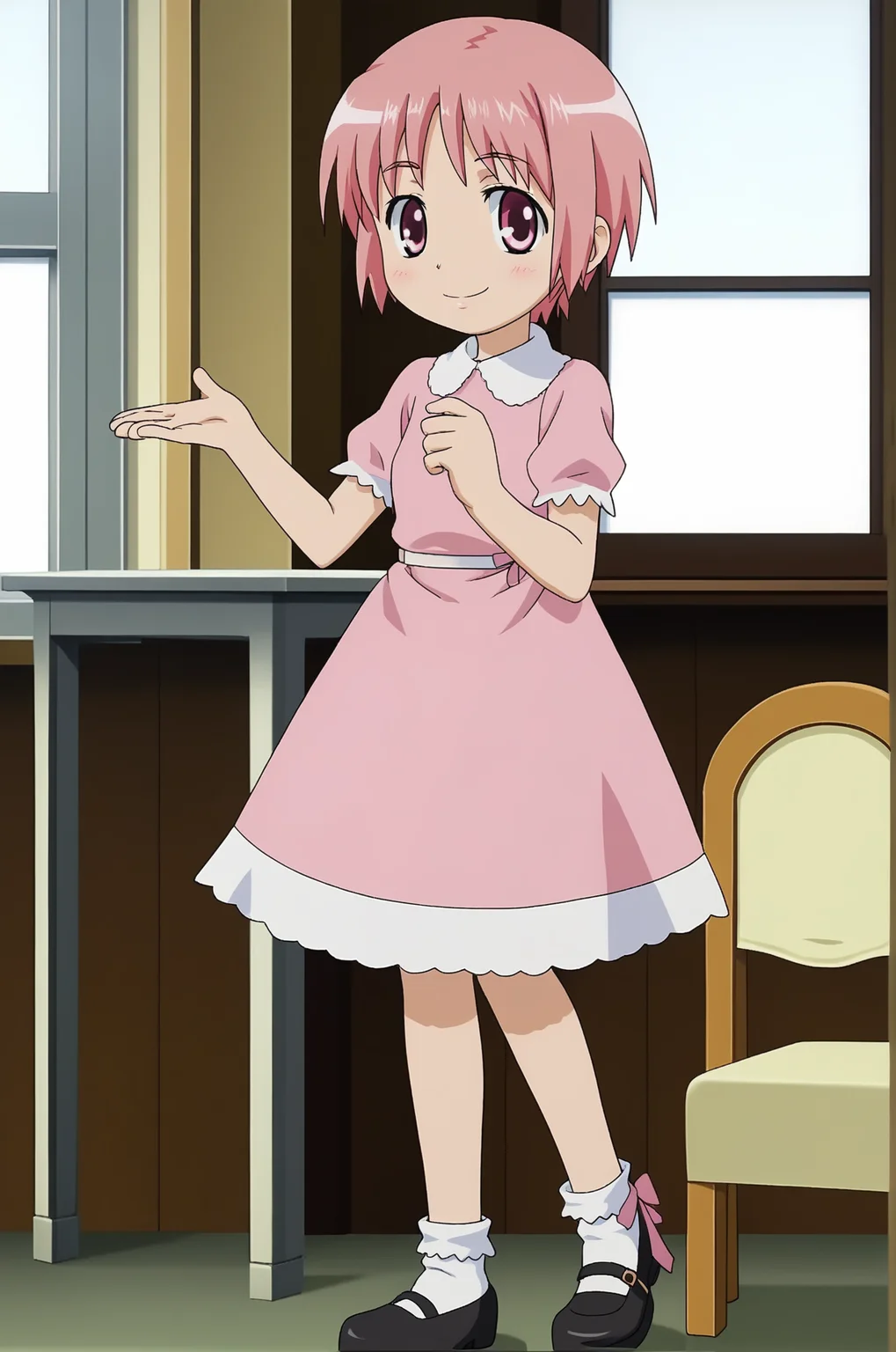 1girl, <lora:Komoe_Tsukuyomi_PonyXL_v1:1>, pink hair, short hair, pink eyes, pink dress, bobby socks, mary janes,
