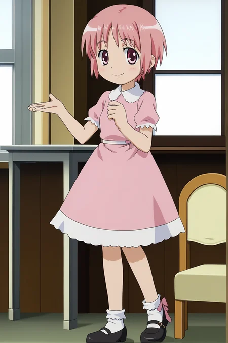 1girl, <lora:Komoe_Tsukuyomi_PonyXL_v1:1>, pink hair, short hair, pink eyes, pink dress, bobby socks, mary janes,