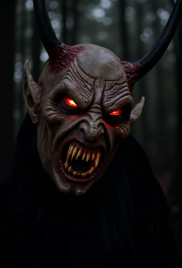 A close-up of a Krampus mask, showcasing glowing red eyes with deep shadows to enhance the menacing expression. The mask is adorned with icicles hanging from the edges, creating a sinister and captivating look. The background features a dark, blurred forest, ensuring the mask remains the main focus, in sharp focus with crisp details.<lora:bv-krampus-v1.safetensors:1.0:1.0>