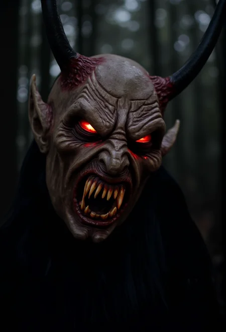 A close-up of a Krampus mask, showcasing glowing red eyes with deep shadows to enhance the menacing expression. The mask is adorned with icicles hanging from the edges, creating a sinister and captivating look. The background features a dark, blurred forest, ensuring the mask remains the main focus, in sharp focus with crisp details.<lora:bv-krampus-v1.safetensors:1.0:1.0>