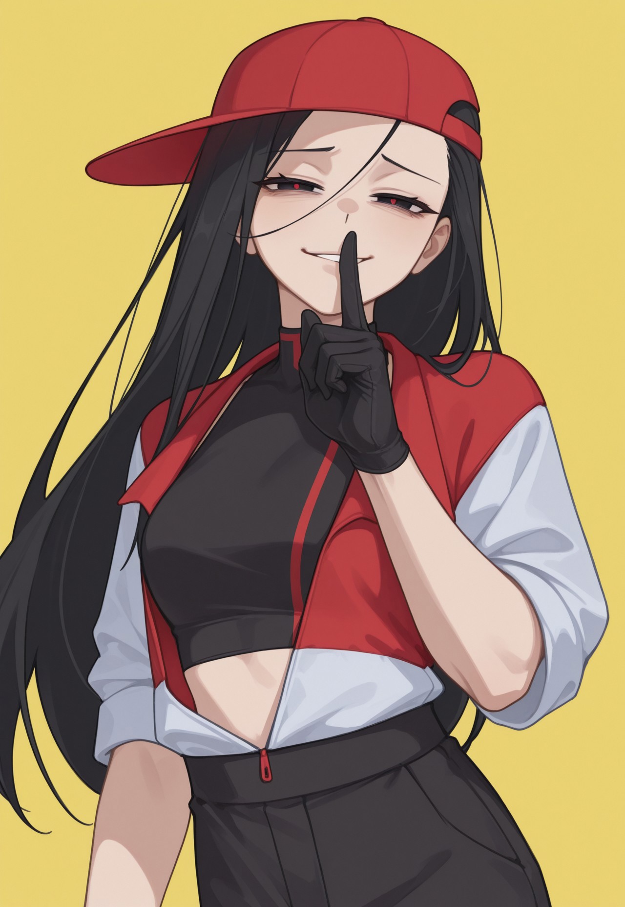 anime, masterpiece, best quality, detailed background, 8k, 1girl, solo, YiXi, black hair, long hair, black eyes, red pupils, baseball cap, red cap, sideways cap, black crop-top, jacket, red and white jacket, black gloves, black pants, parted lips, half-closed eyes, smirk, yellow background, half body, eerie, turning to viewer, staring at viewer, shushing pose, hand in front of mouth