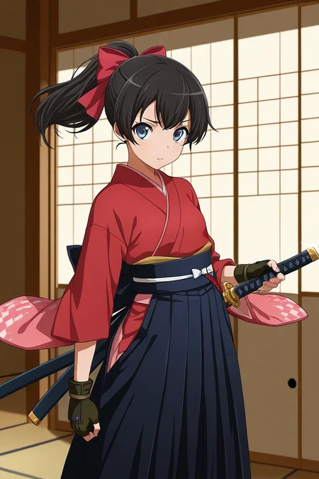 masterpiece, best quality, amazing quality,
 <lora:Hikari_IL:1> hikari, 1girl, weapon, sword, solo, japanese clothes, gloves, blue eyes, kimono, katana, fingerless gloves, hakama, bow, hair bow, ponytail, black hair