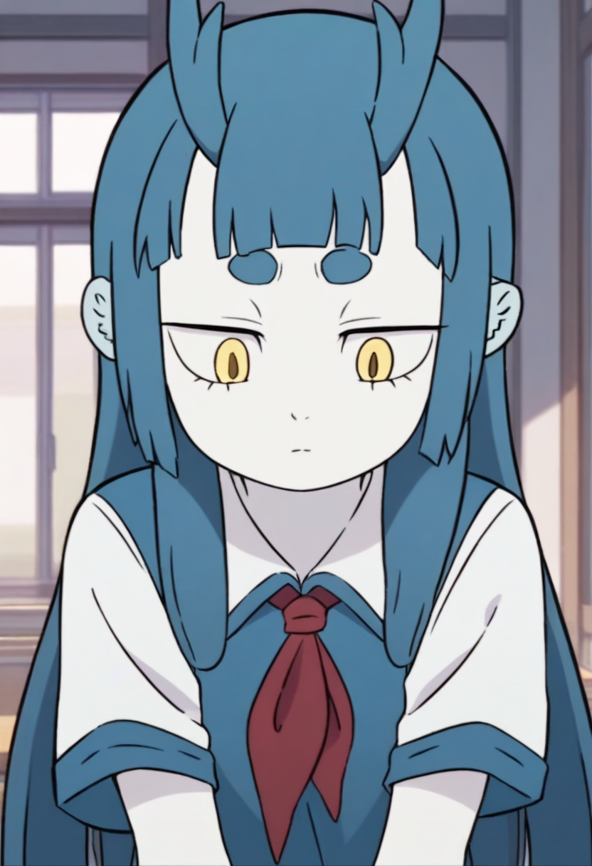 <lora:longnu:1>,longnu,1girl,horns,blue hair,long hair,blunt bangs,yellow eyes,short eyebrows,animal ears,white skin,
shirt,white shirt,school uniform,collared shirt,short sleeves,red neckerchief,, masterpiece,best quality,amazing quality,absurdres, anime screenshot,