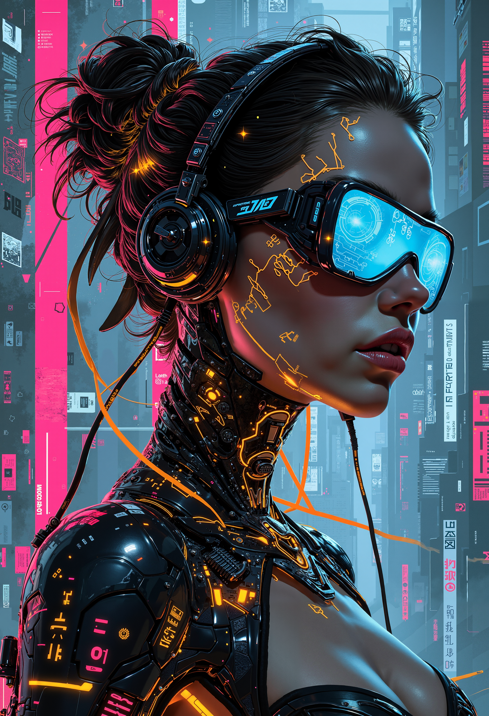 bo-cpposter, a cyberpunk poster of, a futuristic, cybernetic female character with intricate, glowing orange and blue designs, showcasing a blend of technology and elegance<lora:boFLUX Cyberpunk Poster v2.safetensors:1.0:1.0>