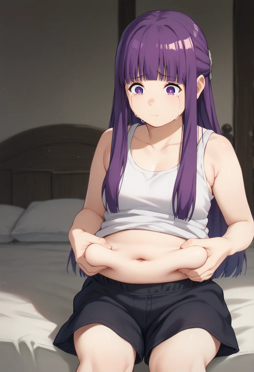 <lora:fatroll_grab_ponyxl_v1:1>, 1girl, fatroll grab, standing, tank top, shorts, midriff, crying with eyes open, solo, bedroom, sitting, on bed, chubby,
<lora:fern-s1-ponyxl-lora-nochekaiser:1>, fern, long hair, bangs, purple eyes, purple hair, sidelocks, blunt bangs, bright pupils, half updo,
score_9, score_8_up, score_7_up, score_6_up, anime, uncensored