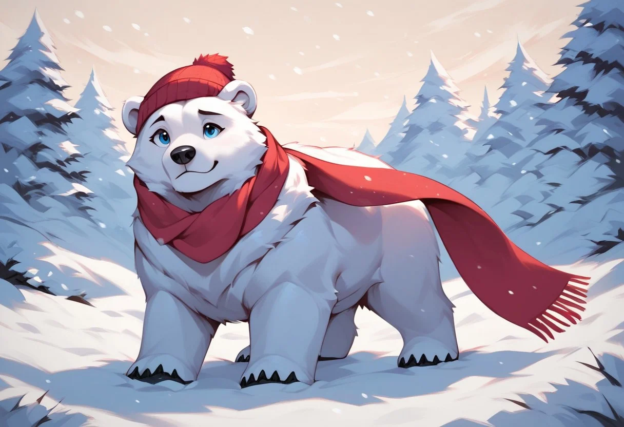 score_9, score_8, score_7, (masterpiece), best quality, expressive eyes, perfect face, fl00ffymadn3ss, (polar bear, feral polar bear), white fur, male, (snow, blizzard), cute pose, scarf, beanie