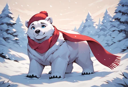 score_9, score_8, score_7, (masterpiece), best quality, expressive eyes, perfect face, fl00ffymadn3ss, (polar bear, feral polar bear), white fur, male, (snow, blizzard), cute pose, scarf, beanie