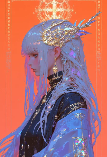 (mythp0rt), A hyper-realistic anime illustration of a woman with long, cascading hair styled in a sleek waterfall braid, dyed in gradient shades of iridescent blue with violet undertones. She wears a futuristic street-inspired oversized coat crafted from reflective holographic fabric, layered over slim-fit high-waisted pants adorned with geometric embroidery inspired by Navajo patterns. Intricate platinum earrings resembling celestial orbs complement her look, while a radiant headpiece shaped like intertwining golden vines with sapphire accents crowns her head. The background is a vivid neon orange, contrasting the cool tones of her outfit, with ancient Norse runes subtly etched in a glowing poster-like effect. Captured with a Canon EOS R3, 24 MP, paired with an RF 50mm f/1.2L USM lens for ultra-high-definition details, styled by Rei Kawakubo blending cultural tradition and modern avant-garde.