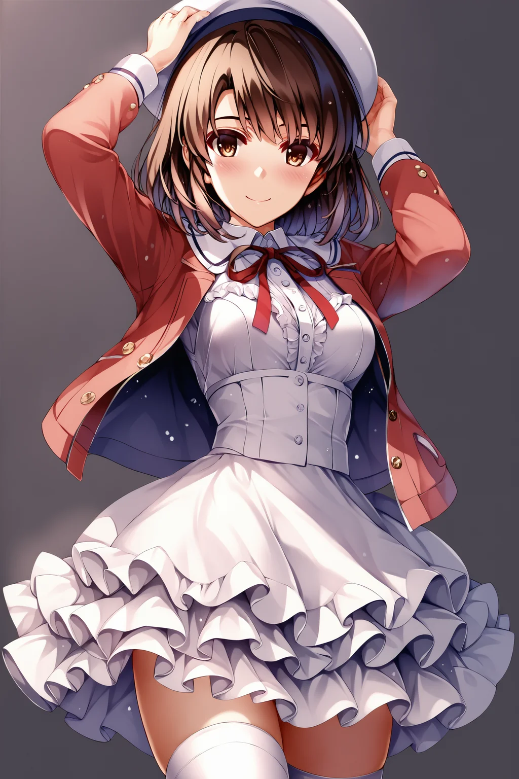 score_9,score_8_up,score_7_up,masterpiece,best quality,
Misaki Kurehito Style,
katou megumi,1girl,solo,bangs,brown hair,hat,white background,simple background,thighhighs,smile,looking at viewer,dress,white dress,open clothes,white headwear,open jacket,short hair,ribbon,jacket,frills,red jacket,blush,long sleeves,white thighhighs,brown eyes,frilled thighhighs,zettai ryouiki,closed mouth,cowboy shot,beret,arms up,neck ribbon,hands on headwear,standing,bow,short dress,buttons,breasts,shiny,center frills,
<lora:mix_XL_PONY:0.9>,