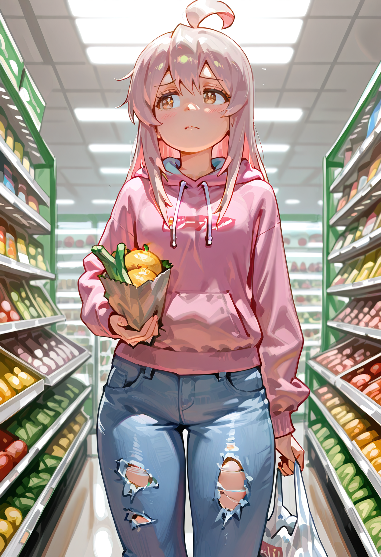 masterpiece, best quality, absurdres, portrait, medium chest, oyama mahiro, (brown eyes:1.1), pink hair, body, standing, (half-closed eyes:0.6),  thigh, pink jacket, hoodie, flared jeans, torn jeans, supermarket, holding one grocery bag, misa_mi