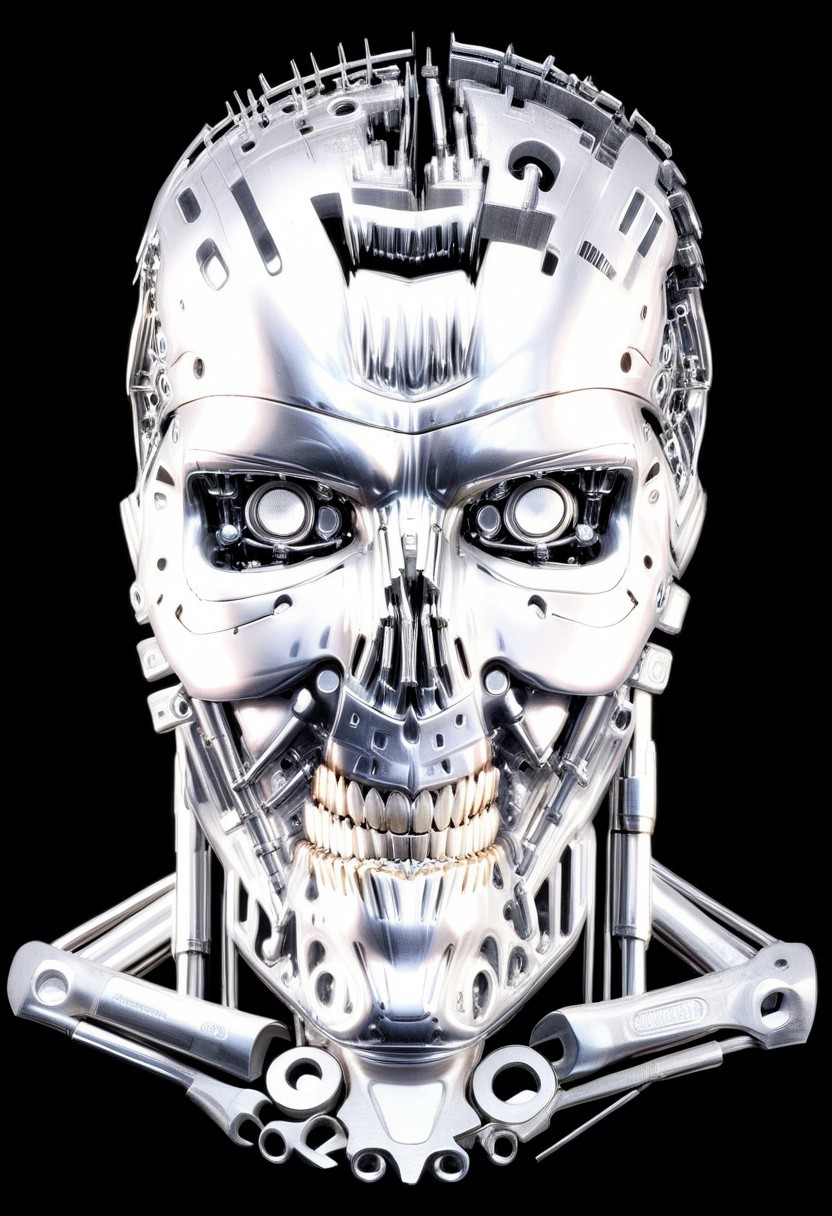 Dutch angle, front view, a t800 terminator, entire made by <tools-world-morph>, ultra details, ultra quality, masterpiece, dark black background, made by small tools details
