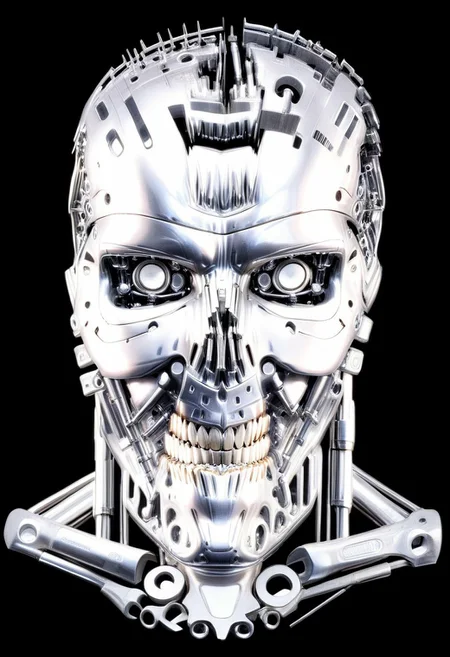 Dutch angle, front view, a t800 terminator, entire made by <tools-world-morph>, ultra details, ultra quality, masterpiece, dark black background, made by small tools details