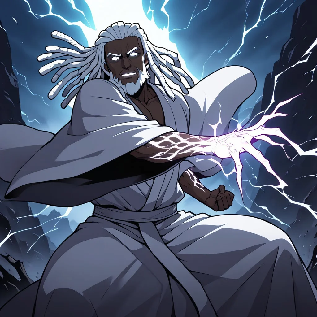 masterpiece, best quality, newest, absurdres, highres,
INFMixV1.0,
1boy, dark skin, dark-skinned male, dredlocks, white dreadlocks, african, african male, beard, blind eyes, empy eyes, white eyes, glowing eyes, monk, white robe, dynamic pose, glowing veins, thunder, lightning, magic, lightning magic, combat stance, fighting stance,