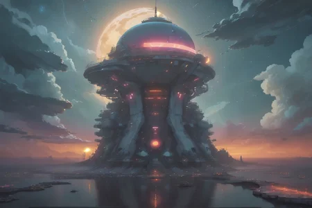 safe_pos, scifi fantasy, painterly concept-art, floating/hovering skydock, part of an astropunk manufacturing facility, where they produce commercial starships, up in the stratosphere, daytime, outdoors, cloudscape, implied scale, implied height, minimalist, [flat vector digital wallpaper style], high resolution, pastel hues, [orange, pearl white, pink, ochre, onyx, cobalt], neon lighting strips, 