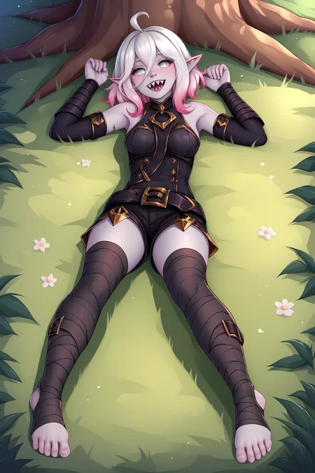score_9, score_8_up, score_7_up, score_6_up, BREAK, BriarLoLXLv2, grey skin, colored skin, no pupils, grey eyes, pink sclera, white hair, pink hair, two-tone hair, gradient hair, short hair, hair between eyes, ahoge, pointy ears, sharp teeth, medium breasts, bare shoulders, black thight dress, detached sleeves, black bandaged sleeves, black shorts, belt, (black bandaged legwear), toeless legwear, solo, full body, lying on grass, seductive smile, looking at viewer, forest, tree <lora:BriarLoLXLv2:0.8>