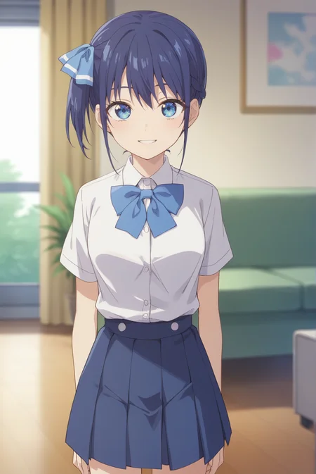 score_9, score_8_up, score_7_up, score_6_up, score_5_up, score_4_up, BREAK source_anime, 1girl, solo,
<lora:NagisaXL-v1-07:0.7>, ChopioNagisa, short hair, blue hair, side ponytail, hair bow, blue eyes, side braid, looking at viewer,
outfit_1, white shirt, collared shirt, bowtie, short sleeves, blue skirt, pleated skirt,
living room, standing, smile, arms at sides, parted lips,