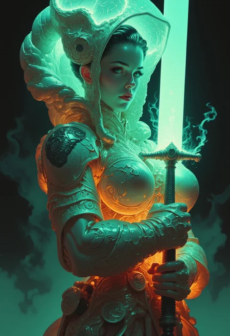 Dystopian sci-fi fantasy digital art, highly detailed, an upper body shot of a space knight standing in the ruins of a forgotten celestial temple. Her synthetic, translucent armor glimmers faintly with a bleached neon glow, its surfaces embedded with intricate circuits and microchips that pulse with uneven, flickering light. The armor is sleek yet battle-worn, with visible cracks revealing tangled wires beneath the surface. Neon veins of green, blue, and pale orange streak through the translucent material, illuminating her form in ghostly hues. Her pauldrons and breastplate seem weightless, their edges shimmering like fractured glass, while faint vapor trails drift from her body into the dim atmosphere.
Her face is framed by a transparent, helmet-like crown adorned with glowing symbols that hover and rotate, casting faint patterns across her expression. Her eyes burn with a cold, white-blue intensity, reflecting her unwavering resolve. Her short, ashen hair glows faintly where it meets the ambient light, as though charged with latent energy.
In her hand, she holds a massive sword forged from the same translucent, glowing material as her armor, its edge radiating a pale, lethal light that cuts through the heavy mist surrounding her.