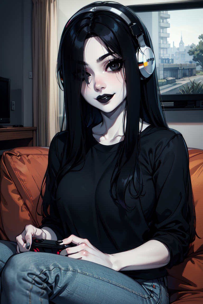extremely detailed, <lora:TheOnryo-10v7:0.8>, mature woman, sadako, black shirt, jeans, pale skin, very long hair, hair over one eye, black eyes, black lips, eyeliner, smiling, sitting, couch, tv, playing a video game, headphones,