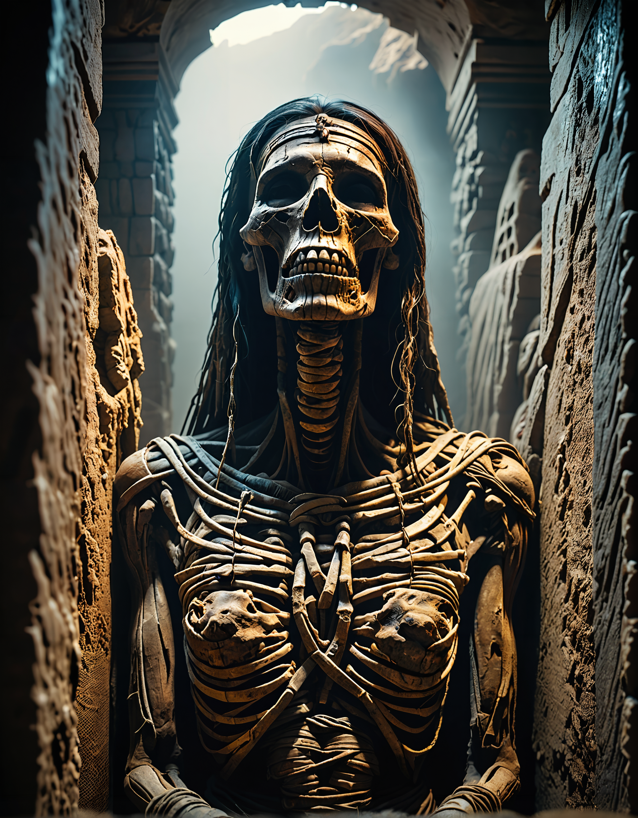 photorealistic professional photo of dry decomposed ancientperuvian mummy standing in a sarcophagus inside and abandoned tomb, teeth exposed  <lora:add-detail-xl:1>  masterpiece, 8k, illustration, cinematic lighting, epic, awardwinning  (volumetric fog:1.7)