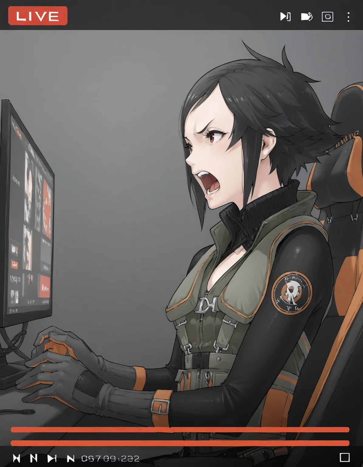 <lora:nagase-kei-shattered-illustrious-000015:0.9> n4g4s3ke1, gloves, pilot suit
1girl, livestream, gaming chair, shouting, looking at screen, from side, annoyed, masterpiece, best quality