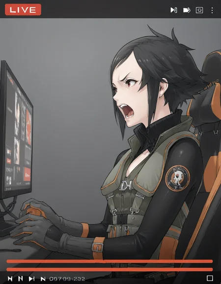 <lora:nagase-kei-shattered-illustrious-000015:0.9> n4g4s3ke1, gloves, pilot suit
1girl, livestream, gaming chair, shouting, looking at screen, from side, annoyed, masterpiece, best quality