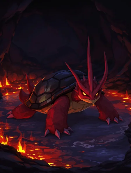 <lora:Flux_Fake_Pokemon:1> a fluxfakemon of a fire turtle with red skin, a black shell, and a dragon's face. Its legs and hands have sharp claws, and the face has thin, elongated red dragon horns. The background is a dark cave with a lava lake.