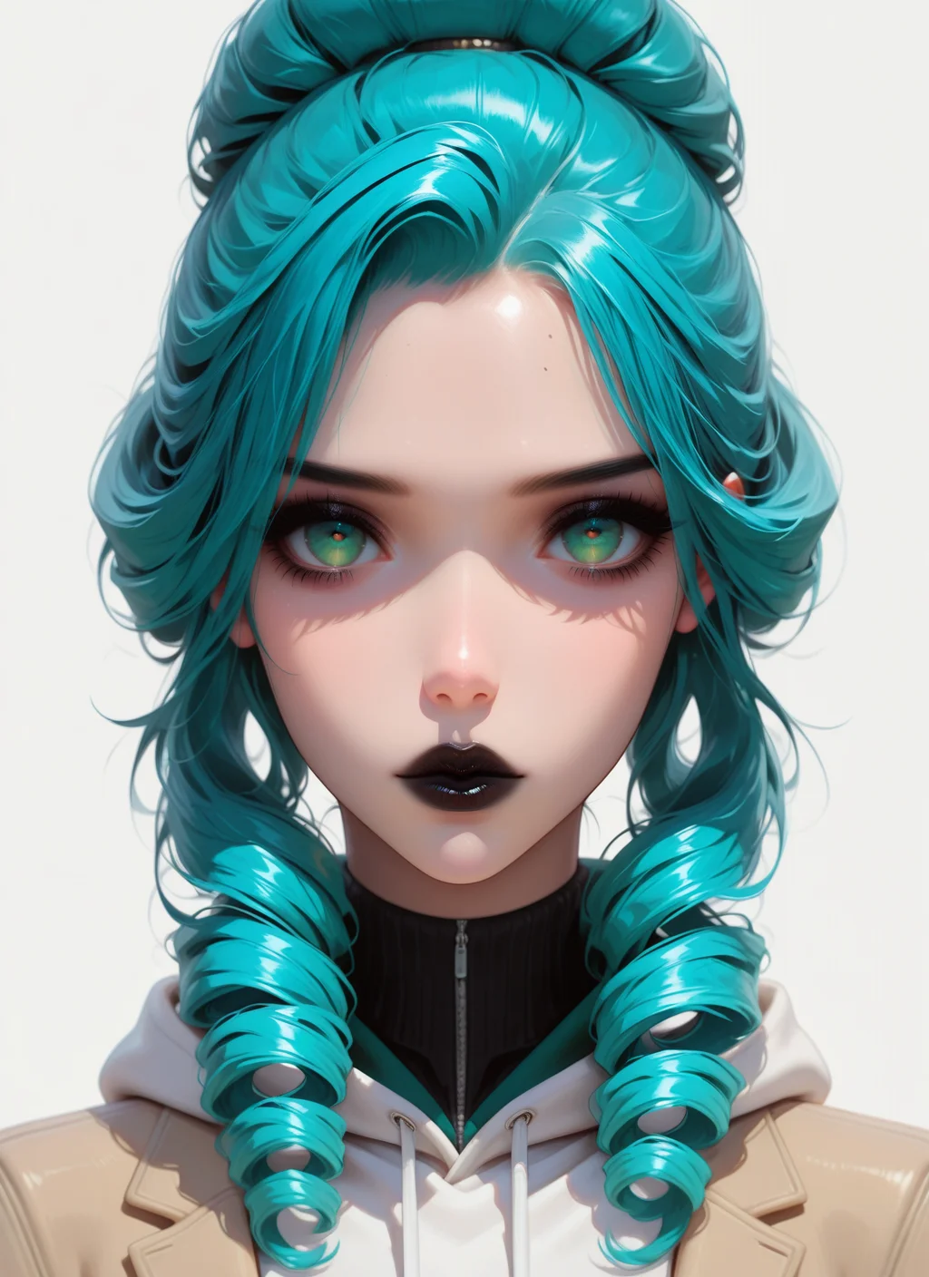 artist:, masterpiece, best quality, newest, very awa, absurdres, highres, sfw, dprd, 1girl, black lips, green eyes, aqua hair, Curly Updo hair, hoodie, jacket, looking at viewer, detailed, <lora:DeepRed-Style:1.0>