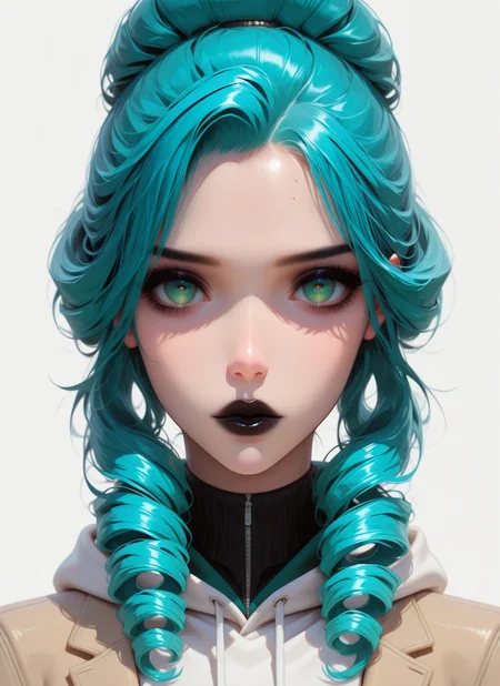 artist:, masterpiece, best quality, newest, very awa, absurdres, highres, sfw, dprd, 1girl, black lips, green eyes, aqua hair, Curly Updo hair, hoodie, jacket, looking at viewer, detailed, <lora:DeepRed-Style:1.0>