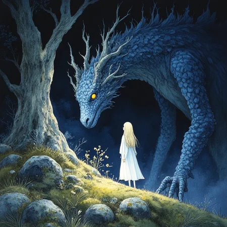 Studio Ghibli Dark Fairytale, The image is a digital illustration of a young girl standing in front of a large dragon. The dragon is blue in color and has a fierce expression on its face. It has sharp teeth and sharp claws and its eyes are glowing yellow. The girl is wearing a long white dress and has long blonde hair. She is standing on a grassy hill with rocks and bushes in the background. The sky is dark and the overall mood of the image is mysterious and magical., blonde hair, 1girl, long hair, dragon, dress, tree, standing, nature, white dress, robe