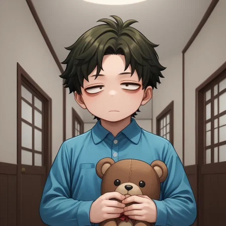 score_9, score_8_up, score_7_up, source_anime, highly detailed, cute boy, 1boy, solo, young, damian desmond, short hair, brown hair, brown eyes, blue pajamas, button up pajama shirt, holding teddy bear, rubbing eye, sleepy, bags under eyes, bare feet, at night, in hallway