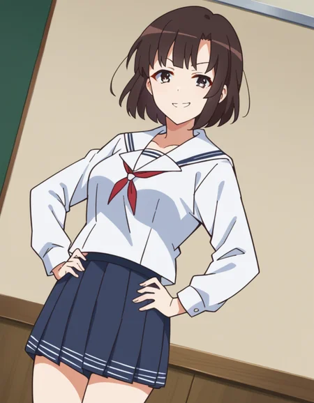 score_9, score_8_up, score_7_up, source_anime, <lora:megumi-katou-s2-ponyxl-lora-nochekaiser:1>, megumi katou, brown hair, brown eyes, medium breasts,, short hair, miniskirt, school uniform, skirt, sailor uniform, serafuku,, indoors, smug, smile, looking at viewer, solo, hands on hips,, cowboy shot, dutch angle
