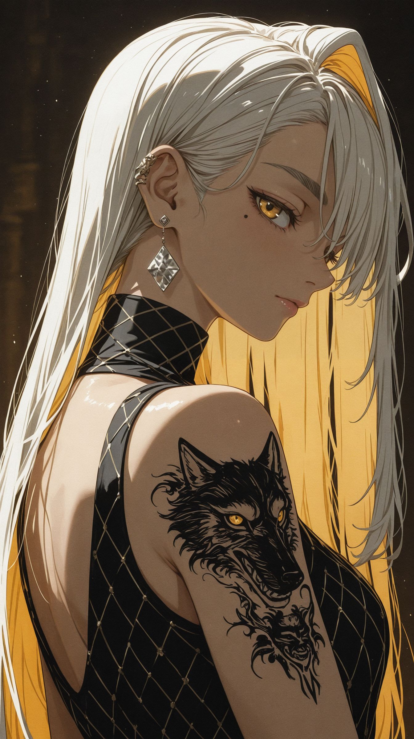 masterpiece,best quality, <lora:add-detail-xl:1>, (faux traditional media:1.4)
1girl, white hair, long hair, undercut, yellow colored inner hair, single hair intake, long bangs, brown eyebrows, thick eyebrows, mole under eye, yellow eyes, detailed eyes, pink lips, closed mouth, diamond earrings, single ear piercing, high neck dress, black dress, diamond print, bare shoulders, sleeveless, wolf tattoo, 
back lighting, warm tones, soft shadows, facing to the side, looking at viewer, upper body