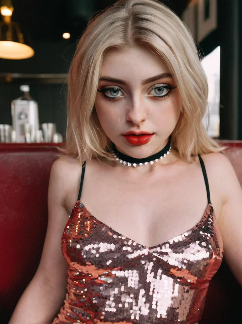 analog photograph of 1girl looking like Lizzy_Patterson_P_MXAI_SDXL , shy expression, wearing a sequin dress, wearing a diamond choker, red lips, dramatic makeup, sitting in a restaurant, holding a glass of wine, medium closeup shot, filmgrain
