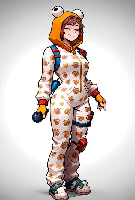 <lora:ilonesie-10:1> onesie, 1girl, orange hood, solo, short brown hair, smile, orange fingerless gloves, , zipper, animal print, white onesie, <lora:17bucks_Style_Illustrious:1> 17bucks, gradient color, 2d, standing, holding microphone, full body ,, masterpiece, best quality, amazing quality, very aesthetic, absurdres, newest,