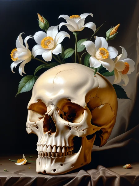 <lora:07RomanticismArt_Hap_XL:1>, romanticism oil painting, oil painting, a skull with a flowers growing from it, sharp detailing, masterpiece, 8k, HDR, best quality, detailed skin, extremely detailed, detailed shadows, shading, ï¼