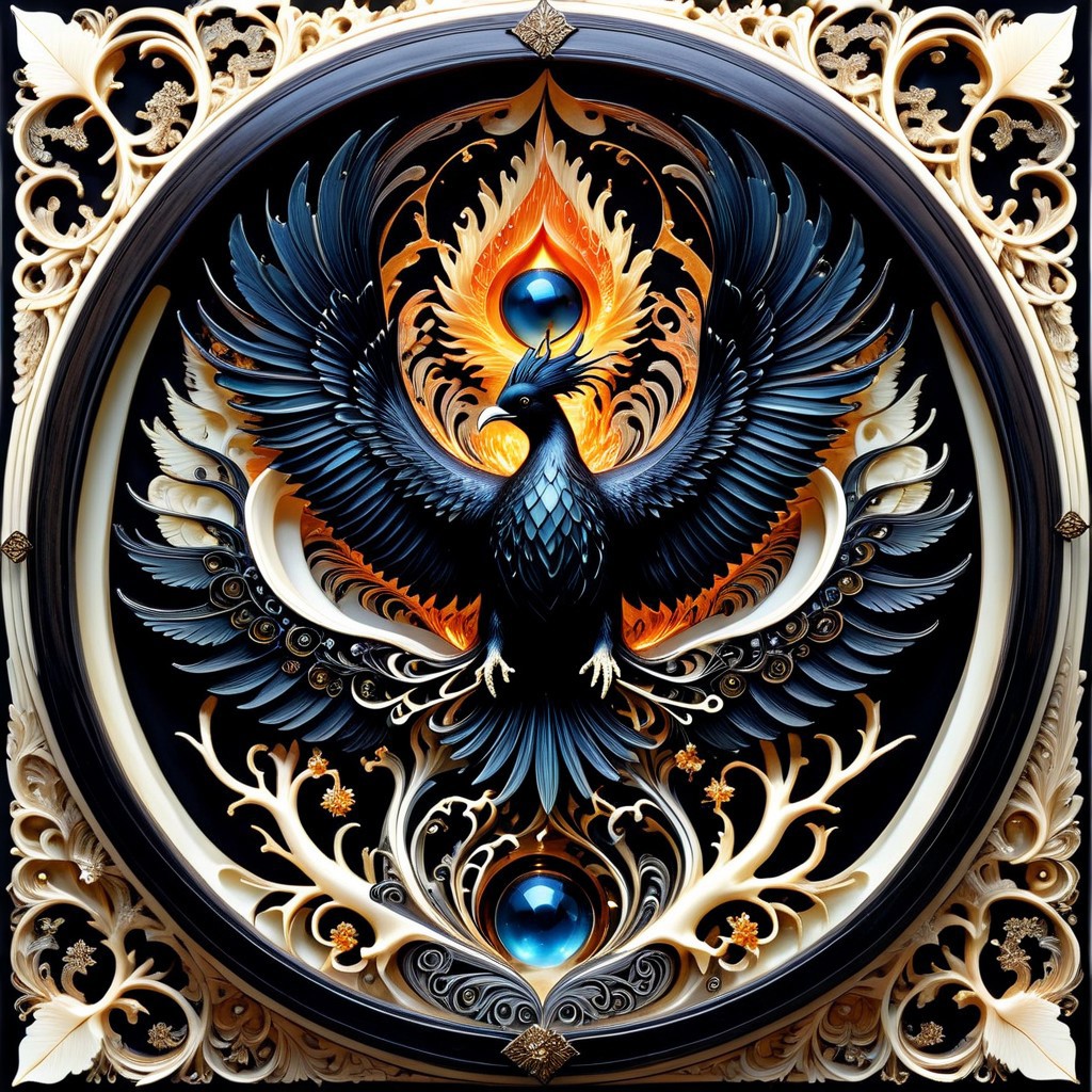 lazypos, animal,phoenix spreading its flaming wings, stands in a crystal bird's nest, made of ebony, made out of,ebony,ivory,scrimshaw,bone carving,stagnant pools,bioluminescent mist