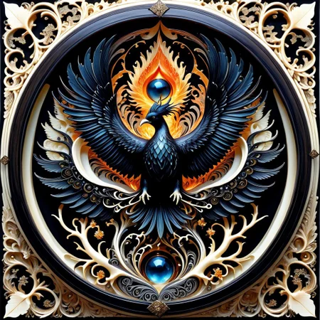 lazypos, animal,phoenix spreading its flaming wings, stands in a crystal bird's nest, made of ebony, made out of,ebony,ivory,scrimshaw,bone carving,stagnant pools,bioluminescent mist