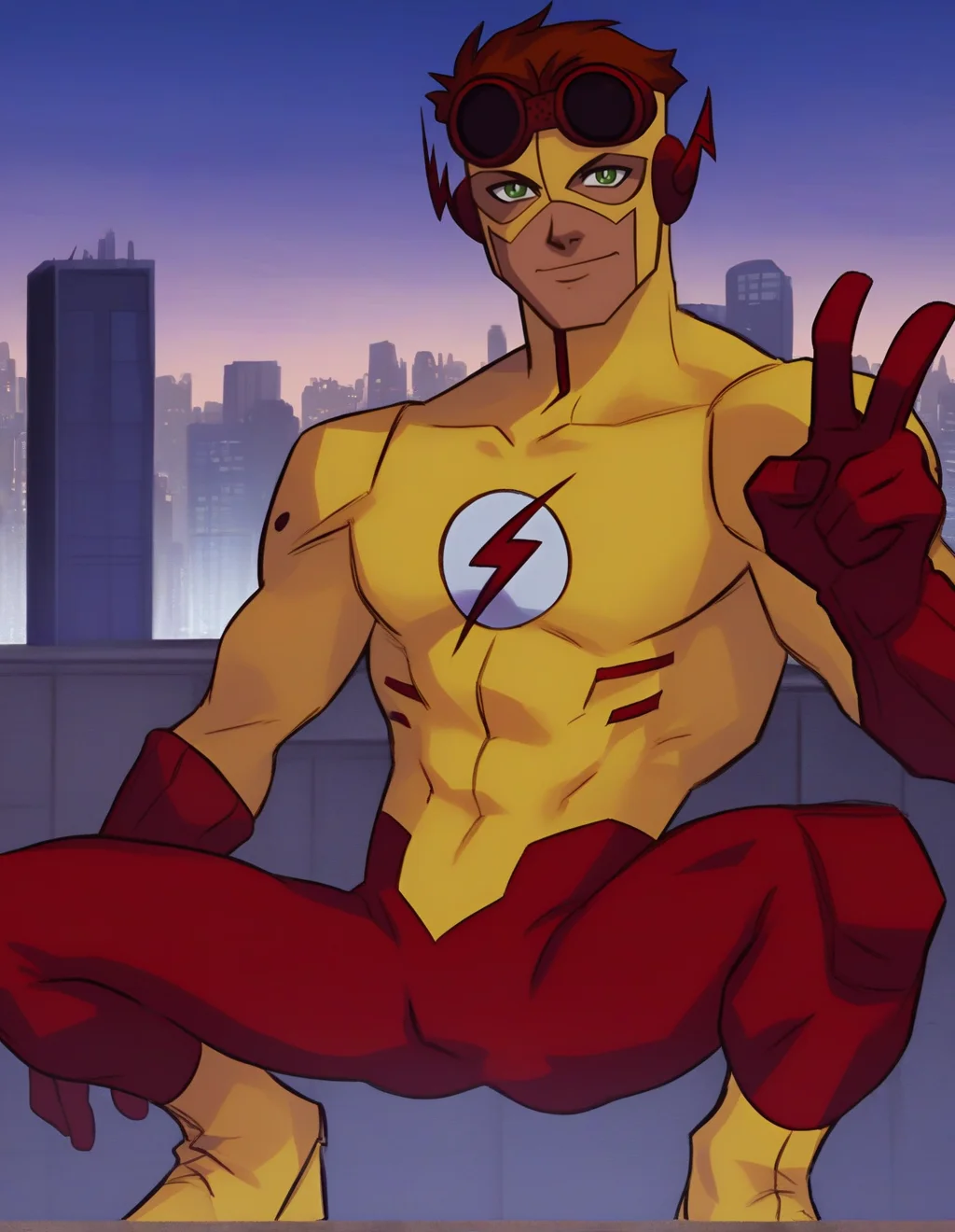 <lora:Wally_west:1> score_9, score_8_up, score_7_up, kid flash, solo, smile, short hair, brown hair, gloves, 1boy, closed mouth, male focus, outdoors, sky, bodysuit, mask, muscular, night, squatting, pectorals, muscular male, building, city, superhero, yellow bodysuit, domino mask, skinny, (v:1.1), cowboy shot, goggles, looking at viewer, spread legs, 2.5D, green eyes