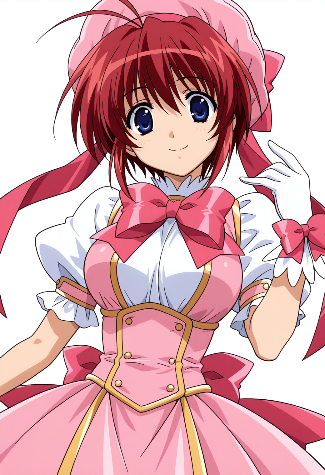 masterpiece, best quality, very aesthetic, absurdres, 1girl, solo,
<lora:takase_mizuki_v01:0.8>, takase_mizuki, mizuki_cmp, red hair, short hair, antenna hair, blue eyes, breasts,
cosplay, magical girl, pink hat, pink bow, pink dress, puffy short sleeves, pink bowtie, white gloves, glove bow, skirt, smile, posing, upper body