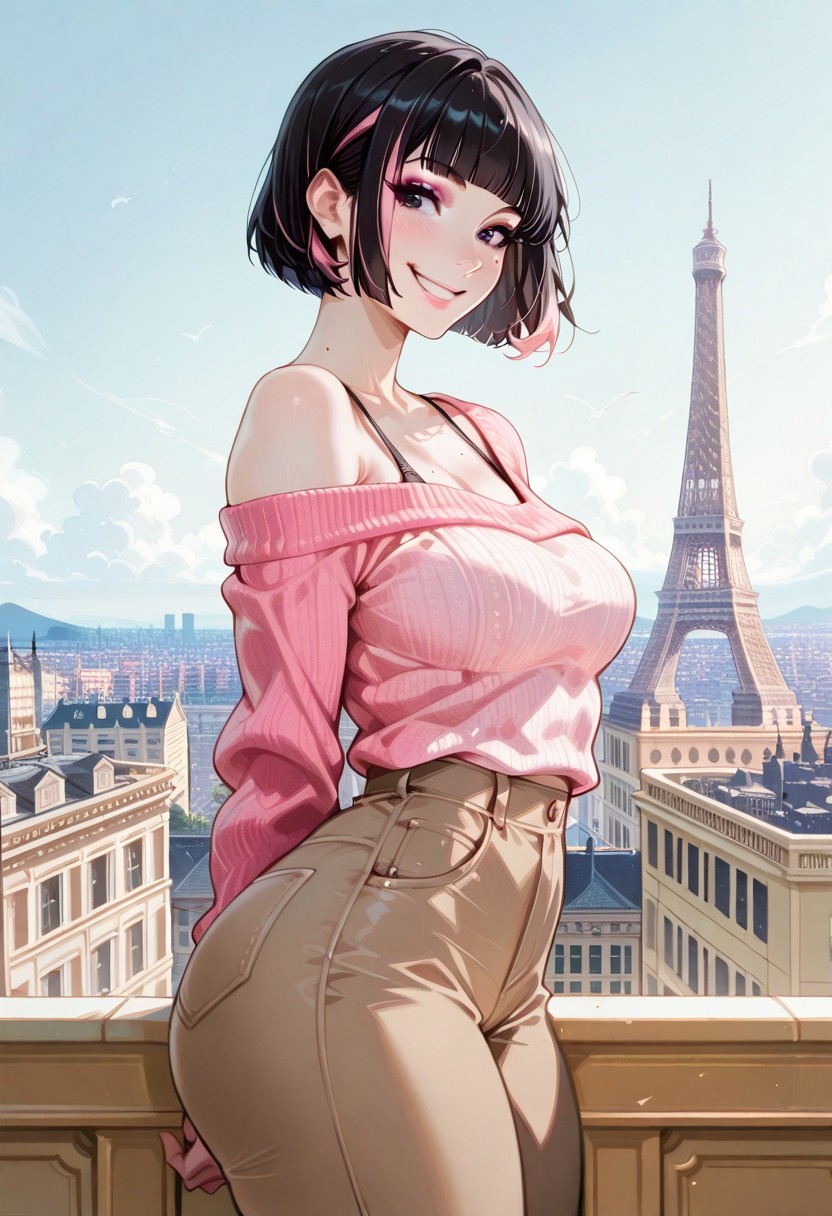 masterpiece, best quality, 32k, high resolution, absurdres, 1girl,Sarah, SarahRH, short black hair, bob cut, straight hair, blunt bangs, dyed bangs (pink), (pink) streaked hair, dark eyes, cute face, beautiful lips, medium breasts, curvy, large hips, pale skin, mole under her eye, moles on her body, makeup, off shoulder sweater, ((Pink-cyan) gradient sweater) , black bra strap, brown pants, posing, sunny, Paris, eifel tower on background, side view, hands behind back, smiling,