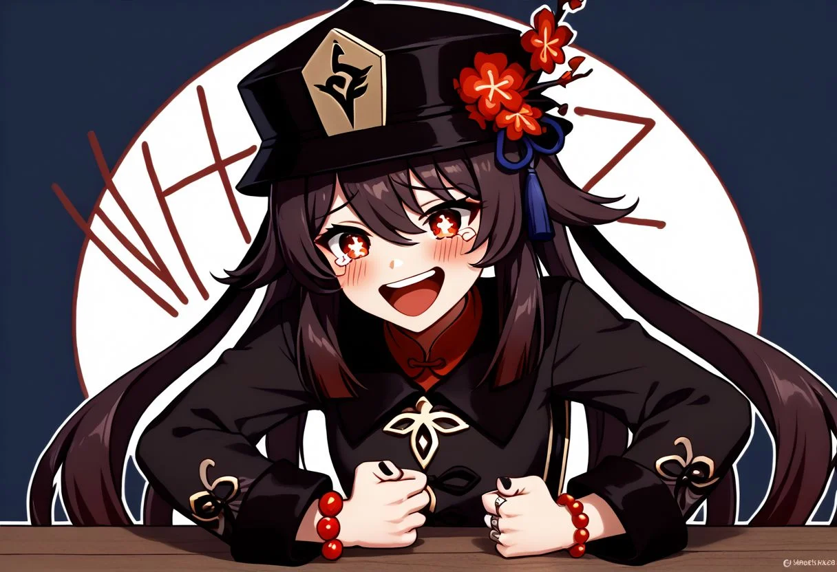Wheeze, open mouth, tears, laughing, HuTao_DskFll, 1girl, solo, long hair, looking at viewer, blush, smile, open mouth, brown hair, shirt, red eyes, long sleeves, hat, hair between eyes, twintails, jewelry, upper body, flower, :d, nail polish, bracelet, symbol-shaped pupils, black headwear, chinese clothes, ring, red shirt, black nails, beads, ghost, hat flower, bead bracelet, flower-shaped pupils, plum blossoms, hu tao (genshin impact), hand on table, english text, clenched hand BREAK PonyXLV6_Scores